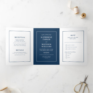 Understated Elegance Navy Blue All-In-One Wedding Tri-Fold Invitation