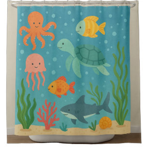 Underwater Adventure Cute Sea Creatures Shower C Curtain