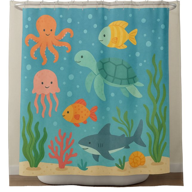 Underwater Adventure | Cute Sea Creatures Shower C Shower Curtain (Front)