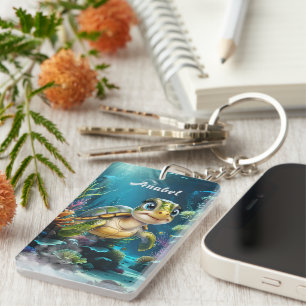 Underwater adventures with the cheerful turtle. key ring