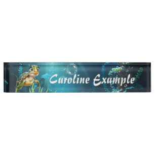Underwater adventures with the cheerful turtle. nameplate