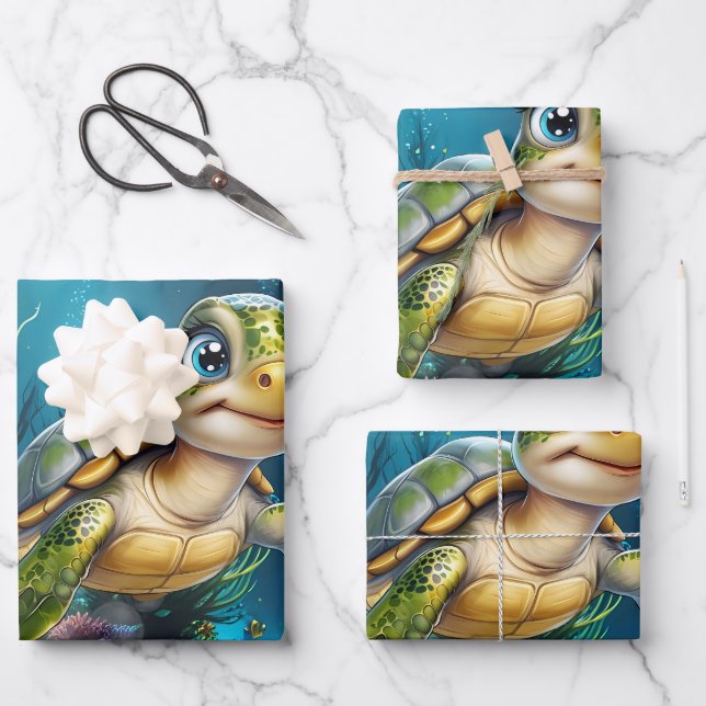 Underwater adventures with the cheerful turtle.  wrapping paper sheet (Front)