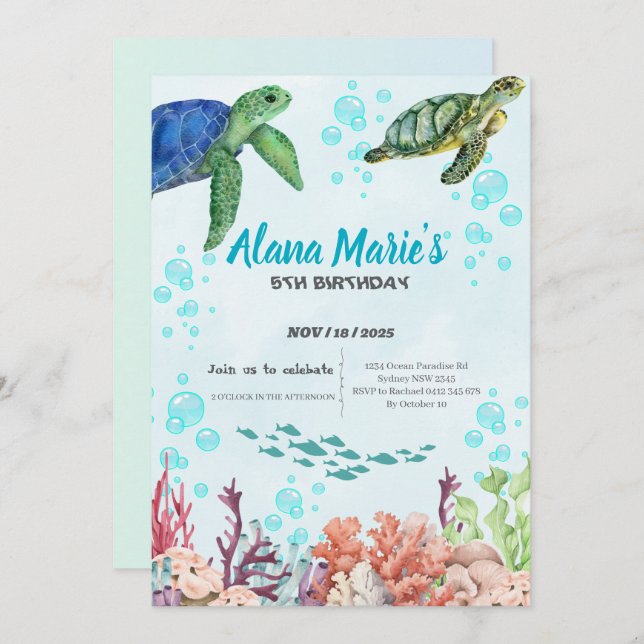 Underwater Birthday Party Invitation with a Sea Tu (Front/Back)