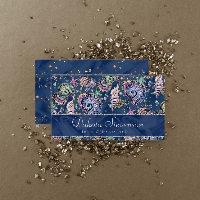Underwater Blue Luxe | Pastel Gold Seashells Business Card (Creator Uploaded)