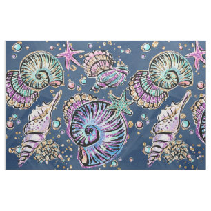 Underwater Blue Luxe Pastel Gold Seashells Fabric