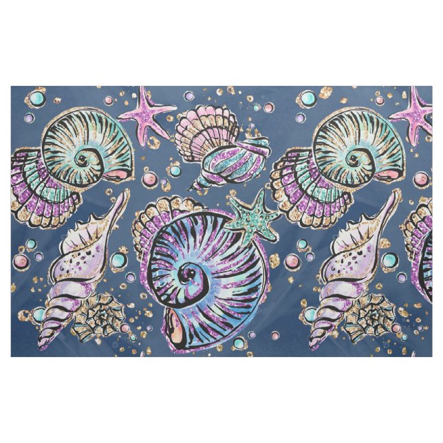 Underwater Blue Luxe | Pastel Gold Seashells Fabric (Fat Quarter)