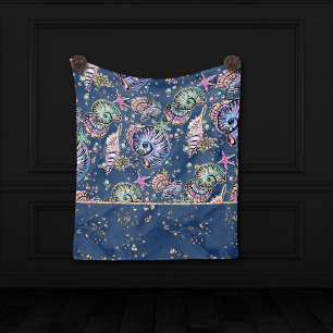 Underwater Blue Luxe   Pastel Gold Seashells Fleece Blanket