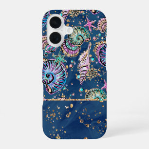Underwater Blue Luxe Pastel Gold Seashells iPhone 16 Case