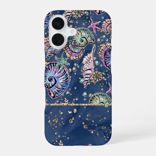 Underwater Blue Luxe | Pastel Gold Seashells iPhone 16 Case (Back)