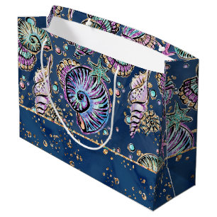 Underwater Blue Luxe Pastel Gold Seashells Large Gift Bag