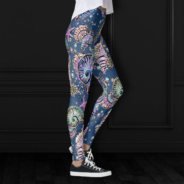 Underwater Blue Luxe | Pastel Gold Seashells Leggings (Creator Uploaded)