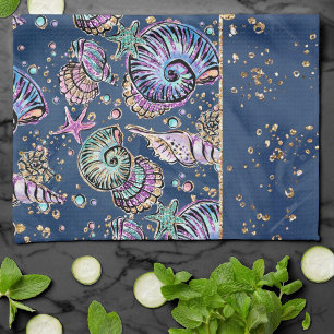 Underwater Blue Luxe Pastel Gold Seashells Tea Towel