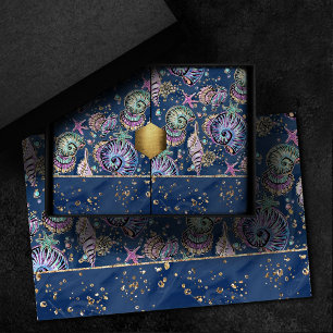 Underwater Blue Luxe Pastel Gold Seashells Tissue Paper