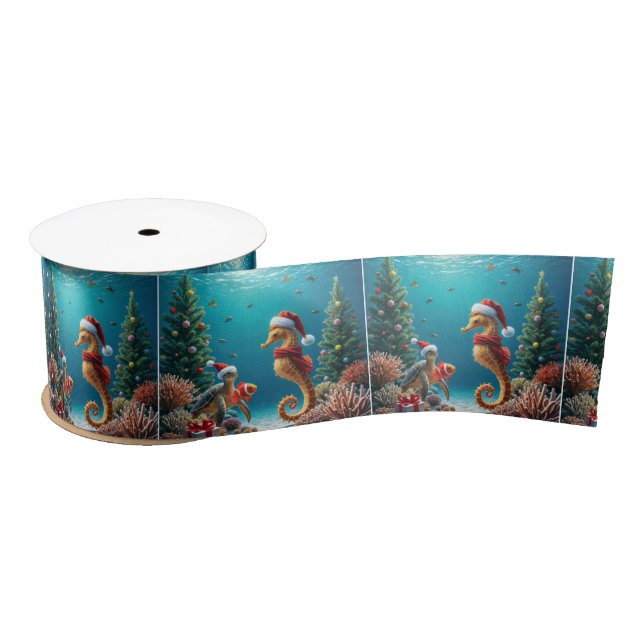 Underwater Christmas Seahorse and Sea Turtle Satin Ribbon (Spool)