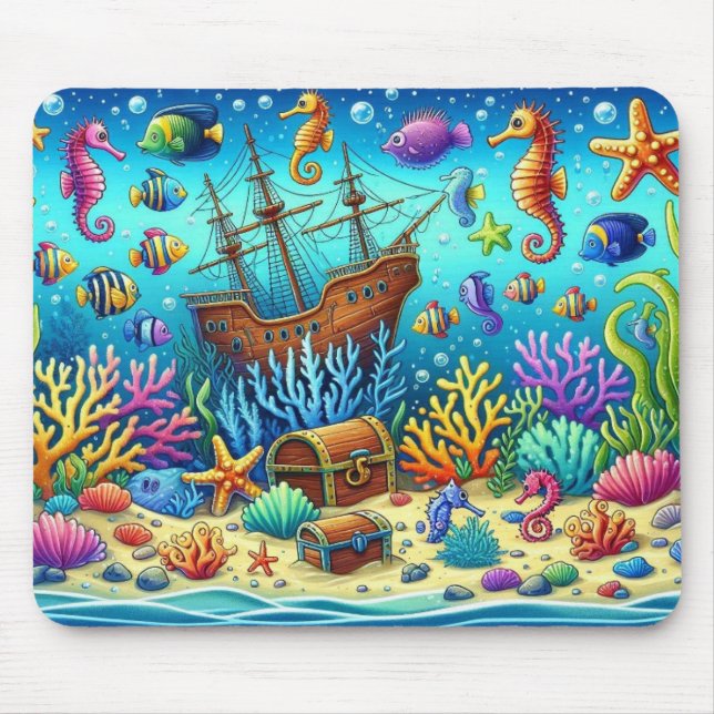 Underwater Coral Reef, Sealife and Treasure chest Mouse Mat (Front)