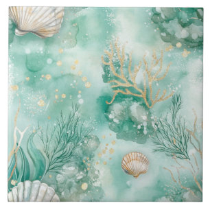 Underwater Coral & Shells in Teal Seamless Tile