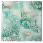 Underwater Coral & Shells in Teal Watercolor Tile<br><div class="desc">Bring the tranquil beauty of the ocean floor into your home with this elegant ceramic tile featuring a watercolor illustration of coral and seashells. Set against a rich teal background, the delicate marine elements — from scallop shells to branching coral — are painted in soft, natural hues with subtle golden...</div>