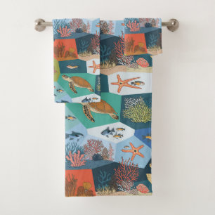 Underwater Creatures Collage Design Bath Towel Set