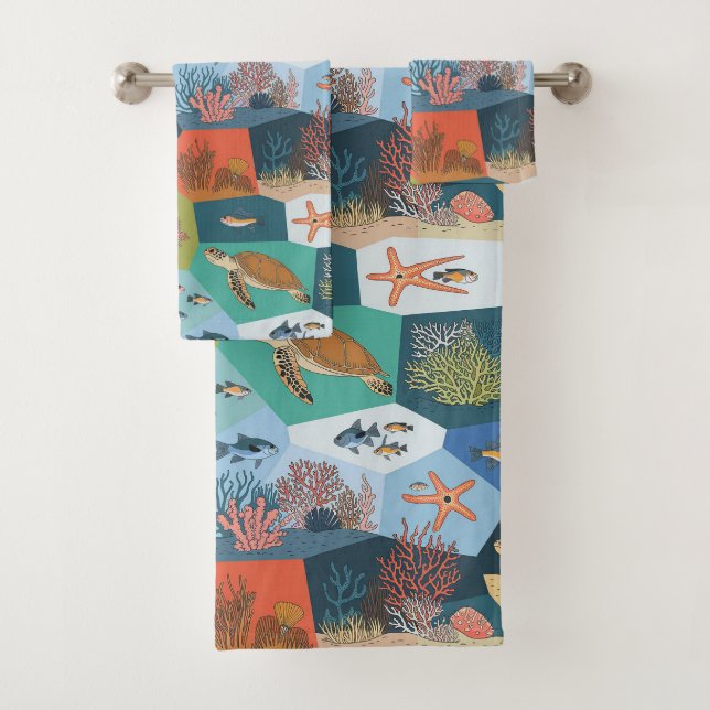 Underwater Creatures Collage Design Bath Towel Set (Insitu)