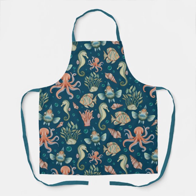Underwater Creatures on blue Apron (Front)
