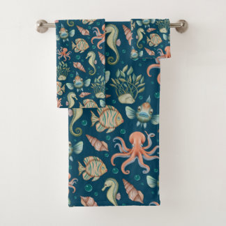Underwater Creatures on blue Bath Towel Set