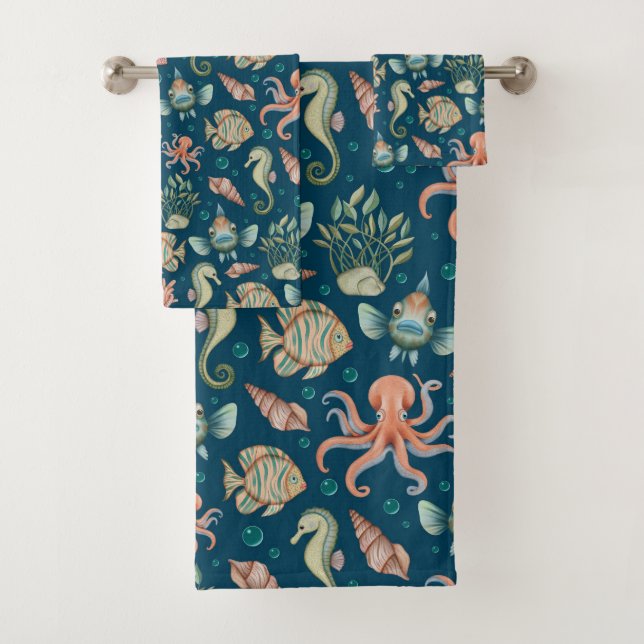 Underwater Creatures on blue Bath Towel Set (Insitu)