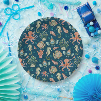 Underwater Creatures on blue Paper Plate