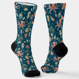 Underwater Creatures on blue Socks