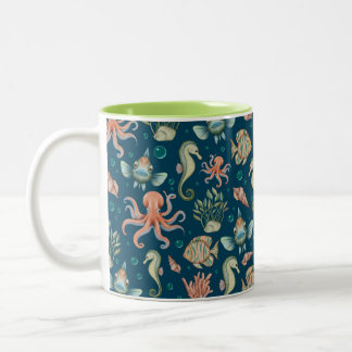 Underwater Creatures on blue Two-Tone Coffee Mug