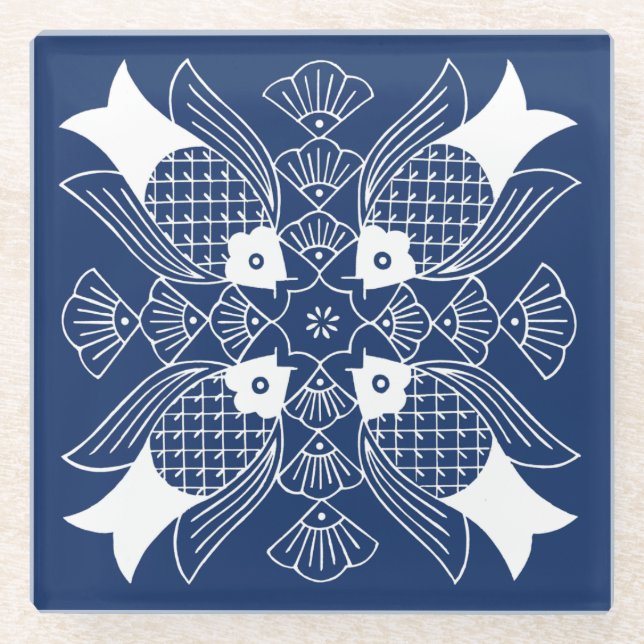 Underwater Fish Design with Blue Background Glass Coaster (Front)