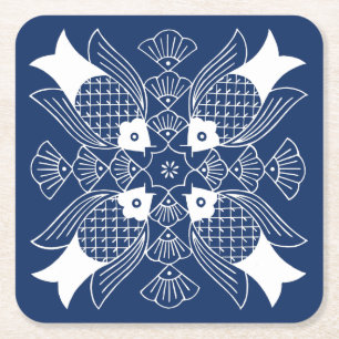 Underwater Fish Design with Blue Background Square Paper Coaster