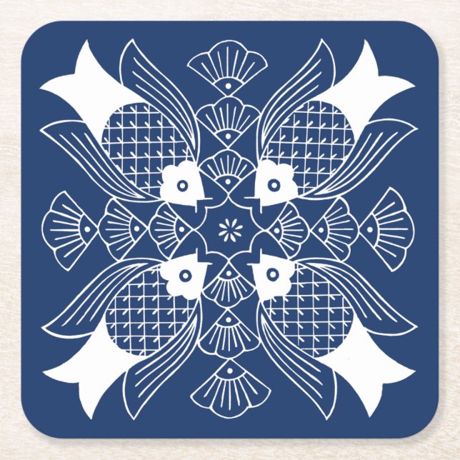 Underwater Fish Design with Blue Background Square Paper Coaster (Front)