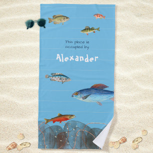 Underwater Fish Striped Modern Your Name Beach Towel