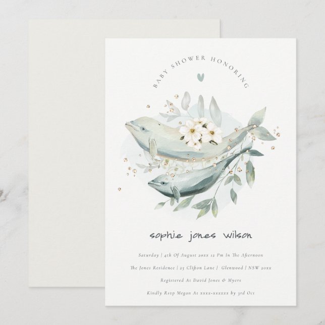 Underwater Floral Whale Fish Baby Shower Invite (Front/Back)