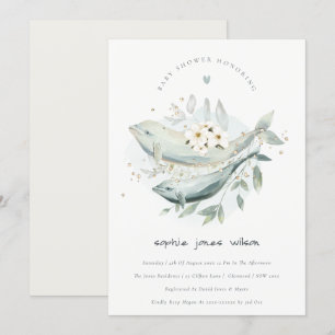 Underwater Floral Whale Fish Baby Shower Invite