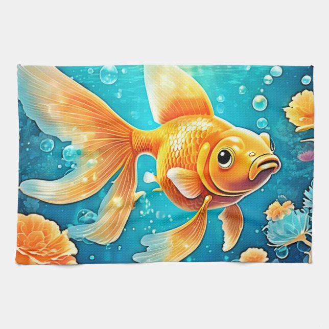 Underwater Goldfish Art Tea Towel (Horizontal)