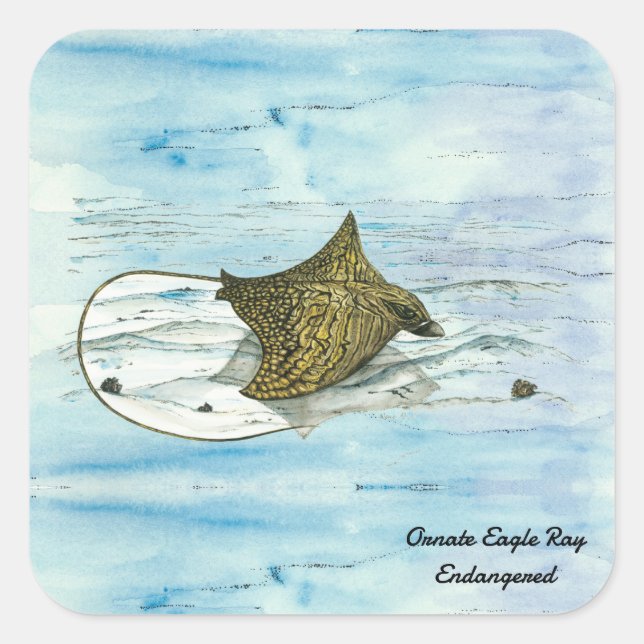 Underwater Hand-Painted Endangered Eagle Ray  Square Sticker (Front)