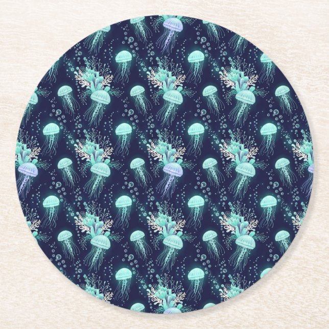 Underwater Jellyfish Pattern Round Paper Coaster (Front)