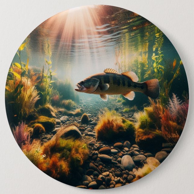 Underwater large mouth bass 6 cm round badge (Front)