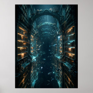 Underwater Library Fantasy Art Poster