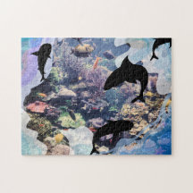 Underwater Life Corals, Shells, Fish Silhouettes