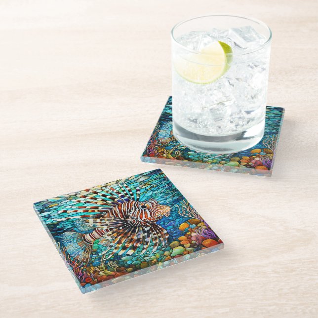 Underwater Lion fish Stained glass art Coaster (Angled)