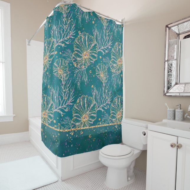 Underwater Luxe | Teal and Gold Ocean Sea Life Shower Curtain (In Situ)