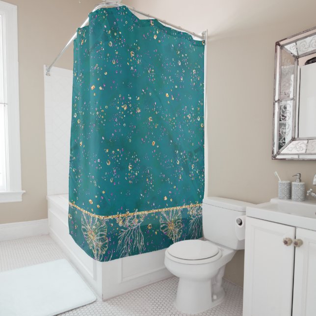 Underwater Luxe | Teal and Gold Ocean Sea Life Shower Curtain (In Situ)