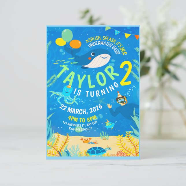 underwater marine life birthday invitation (Standing Front)