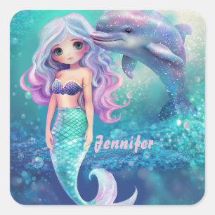 Underwater Mermaid and Dolphin Square Sticker