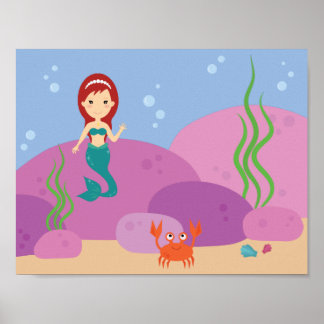 Underwater mermaid ocean cartoon nursery kids room poster