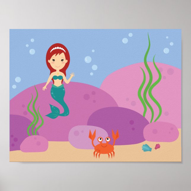 Underwater mermaid ocean cartoon nursery kids room poster (Front)