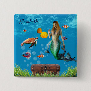 Underwater Mermaid Treasure Hunt Fantasy Blue 15 Cm Square Badge