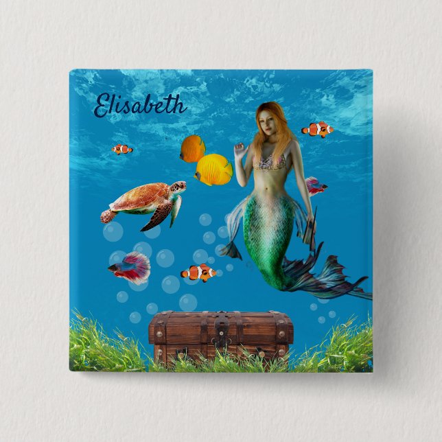 Underwater Mermaid Treasure Hunt Fantasy Blue 15 Cm Square Badge (Front)